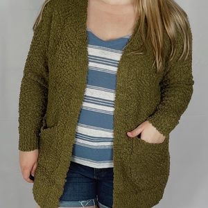 Long Sleeve Popcorn Sweater Cardigan with Pockets - Dusty Olive
